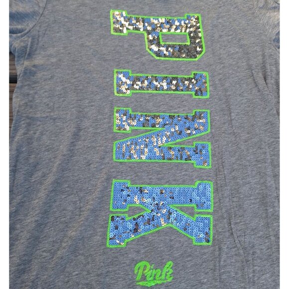 Victorias Secret PINK Heather Gray Sequin Logo Womens Tee M Cotton Blend *READ* - Picture 3 of 10